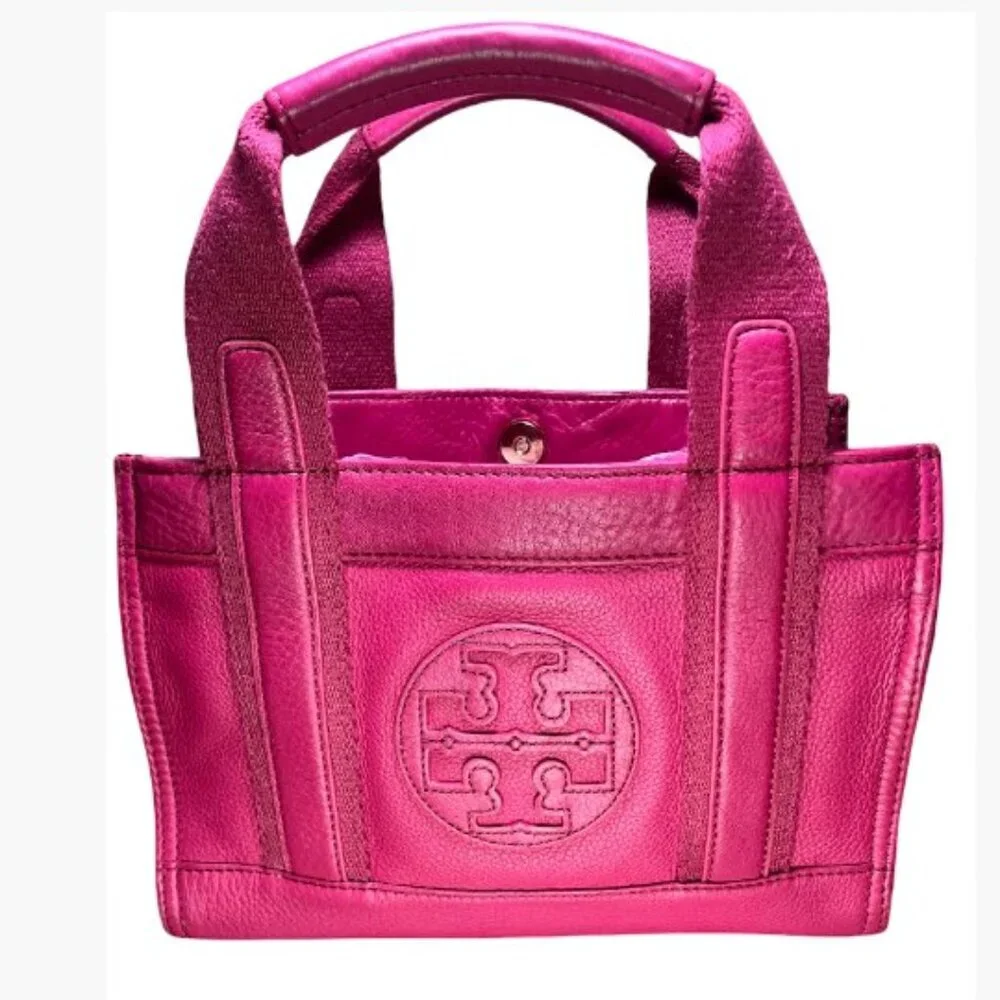 Tory Burch Ella   PM Party Host Pick   Small Leather and Canvas Tote Magenta EUC - Picture 14 of 14